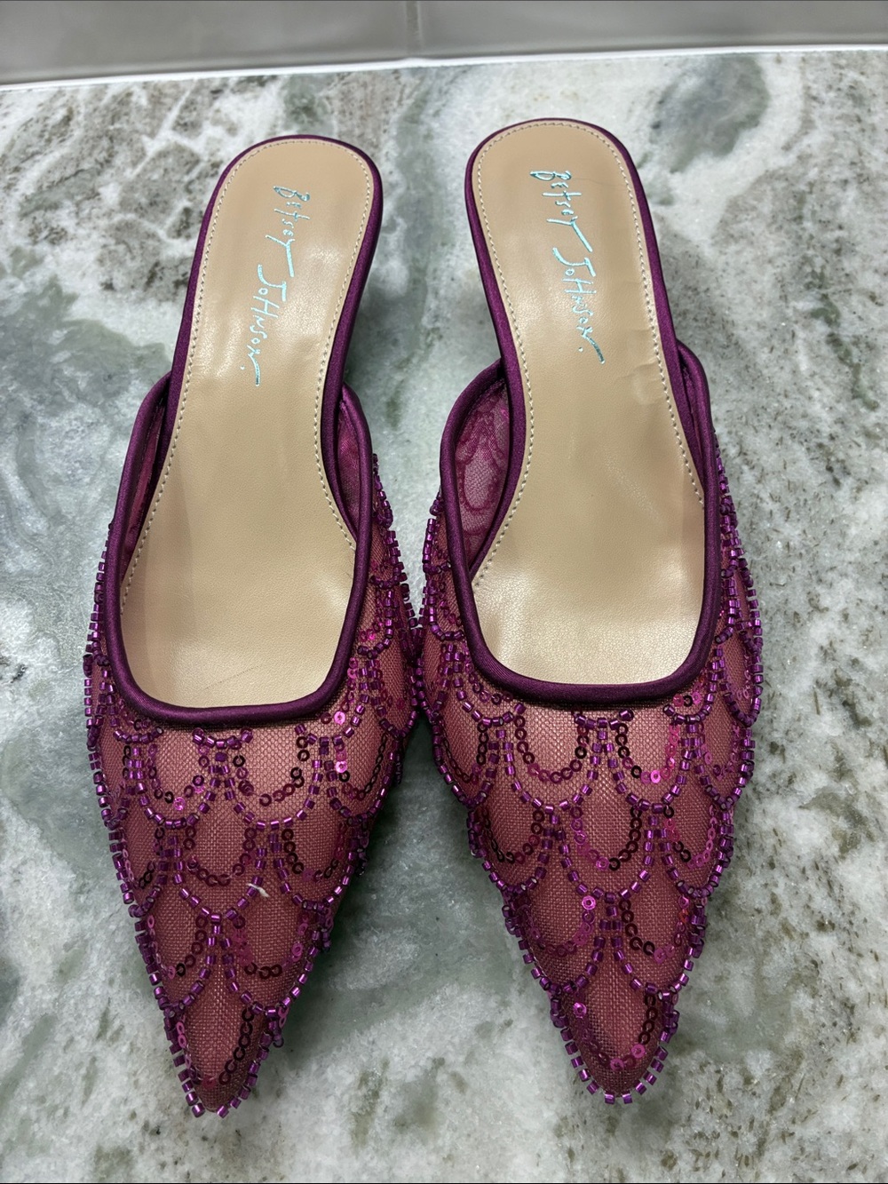 Betsey Johnson Purple Beaded Pointed-Toe Mules